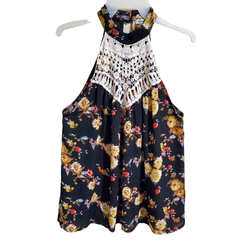 Lily Star | black floral halter neck top with lace detail